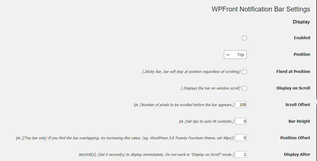 تنظیمات افزونه WPFront Notification Bar